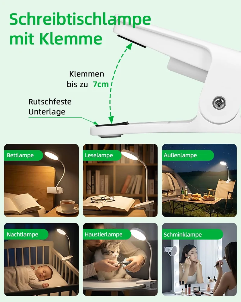 Akku Leselampe Bett mit Klemme, 36 LED Klemmleuchte, 6 Farbtemperaturen