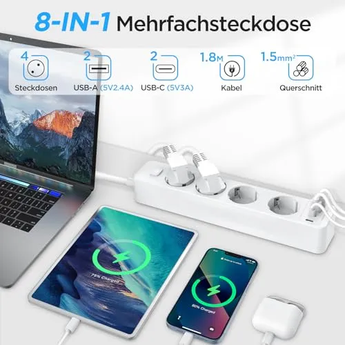 Steckdosenleiste 4 USB Mehrfachsteckdose 2 USB C mit 1.8M Kabel Schalter