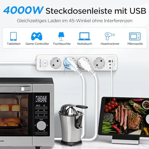 Steckdosenleiste 4 USB Mehrfachsteckdose 2 USB C mit 1.8M Kabel Schalter