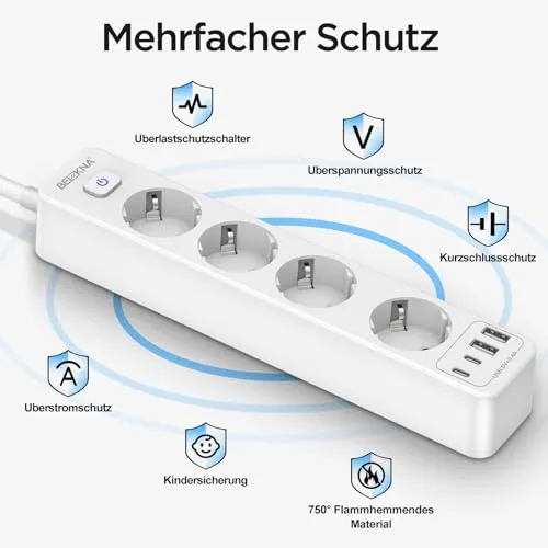 Steckdosenleiste 4 USB Mehrfachsteckdose 2 USB C mit 1.8M Kabel Schalter