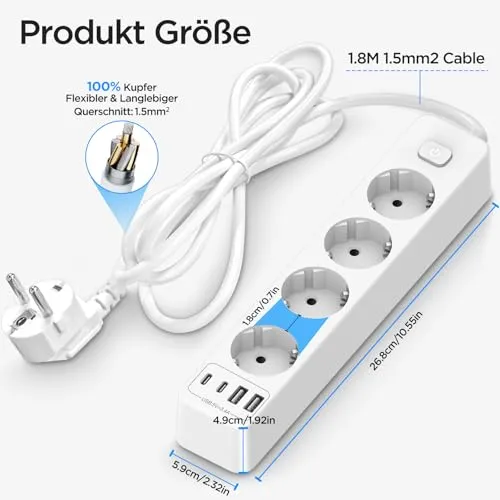 Steckdosenleiste 4 USB Mehrfachsteckdose 2 USB C mit 1.8M Kabel Schalter