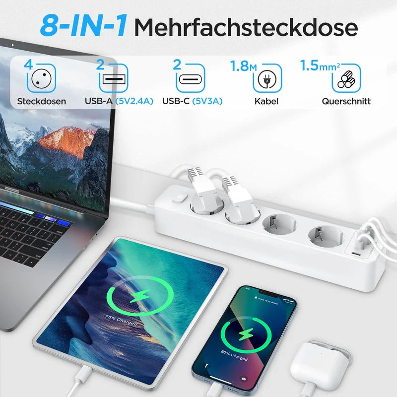 Steckdosenleiste 4 USB Mehrfachsteckdose 2 USB C mit 1.8M Kabel Schalter