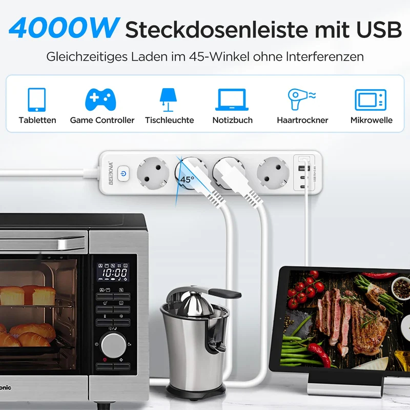 Steckdosenleiste 4 USB Mehrfachsteckdose 2 USB C mit 1.8M Kabel Schalter