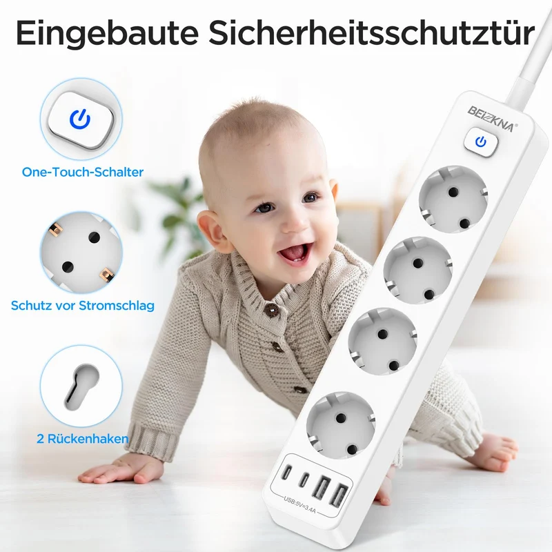 Steckdosenleiste 4 USB Mehrfachsteckdose 2 USB C mit 1.8M Kabel Schalter