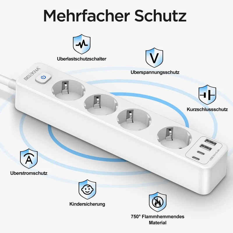 Steckdosenleiste 4 USB Mehrfachsteckdose 2 USB C mit 1.8M Kabel Schalter