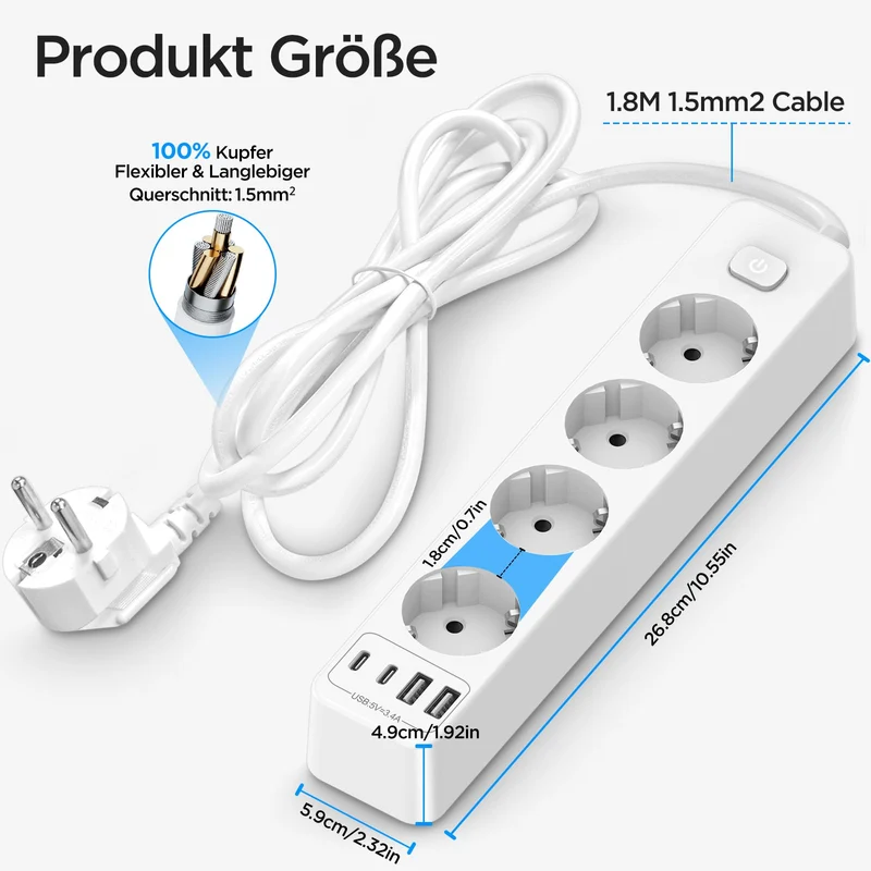 Steckdosenleiste 4 USB Mehrfachsteckdose 2 USB C mit 1.8M Kabel Schalter