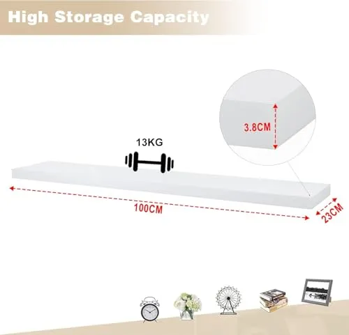 eSituro Wandregal, schwebendes Regal für Wandmontage, Schweberegal Hängeregal Wandbrett im Wohnzimmer Schlafzimmer Küche Badezimmer, weiß modern, MDF, 100x3,8x22,9 cm