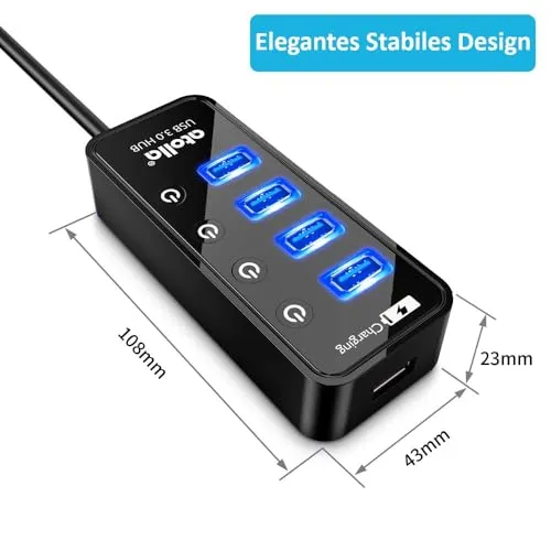 USB Hub mit Netzteil, atolla USB 3.0 Hub Aktiv mit 4 Ports SuperSpeed Datenübertragung und Schalter, USB Verteiler mit Intelligenter Charging Port und 15W(5V/3A) Netzteil Adapter