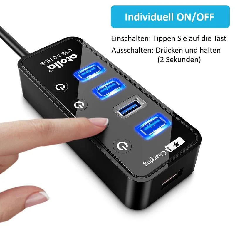 USB Hub mit Netzteil, atolla USB 3.0 Hub Aktiv mit 4 Ports SuperSpeed Datenübertragung und Schalter, USB Verteiler mit Intelligenter Charging Port und 15W(5V/3A) Netzteil Adapter