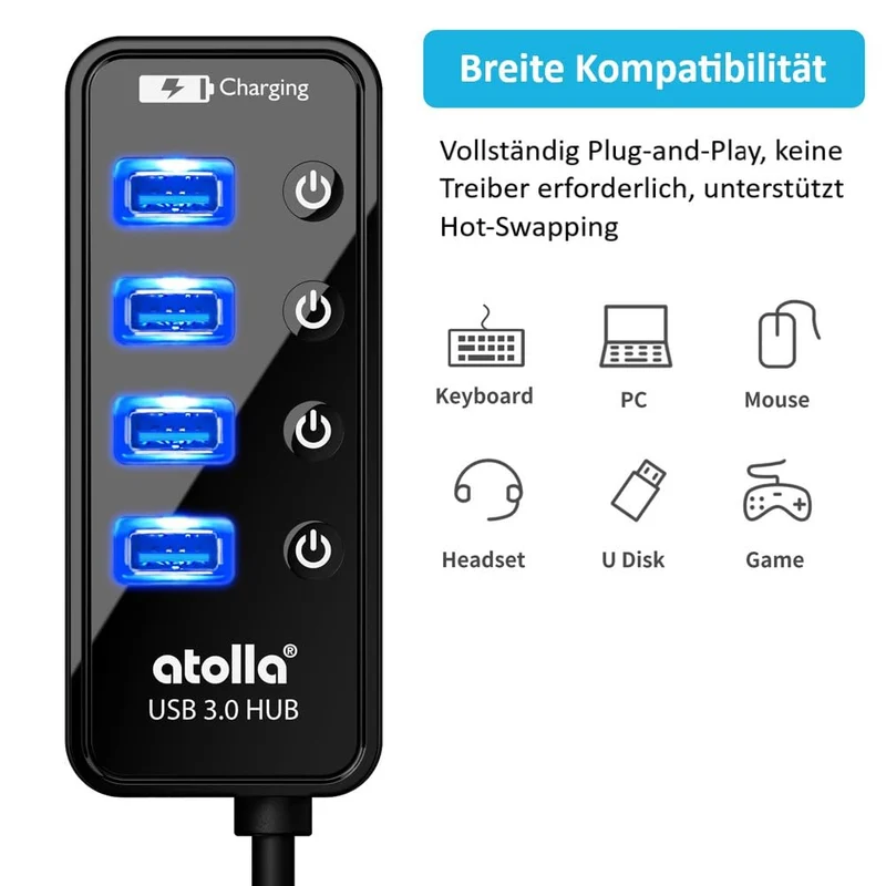 USB Hub mit Netzteil, atolla USB 3.0 Hub Aktiv mit 4 Ports SuperSpeed Datenübertragung und Schalter, USB Verteiler mit Intelligenter Charging Port und 15W(5V/3A) Netzteil Adapter