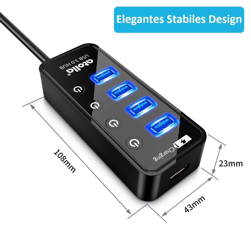 USB Hub mit Netzteil, atolla USB 3.0 Hub Aktiv mit 4 Ports SuperSpeed Datenübertragung und Schalter, USB Verteiler mit Intelligenter Charging Port und 15W(5V/3A) Netzteil Adapter