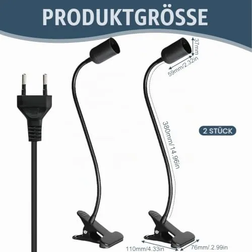 Vaileal 2 Stück Klemmleuchte: LED-Lampenfassung E27, E27 Lampenfassung mit Clip, Klemmlampe 360° Einstellbar Flexiblem Schwanenhals für Lesen Innen Beleuchtung, Bett Nachtlesen (Schwarz)