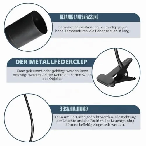 Vaileal 2 Stück Klemmleuchte: LED-Lampenfassung E27, E27 Lampenfassung mit Clip, Klemmlampe 360° Einstellbar Flexiblem Schwanenhals für Lesen Innen Beleuchtung, Bett Nachtlesen (Schwarz)