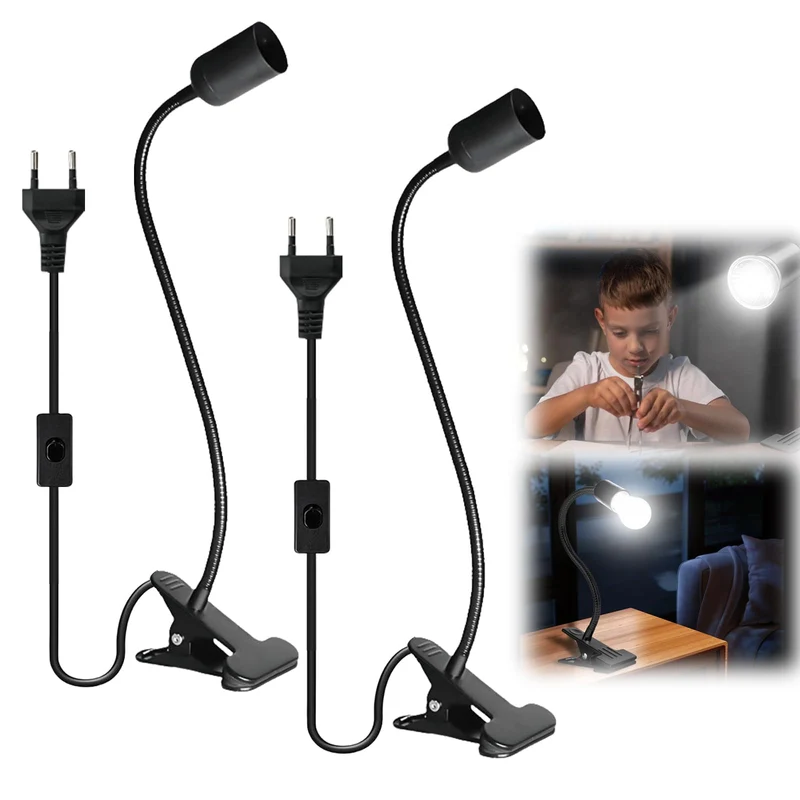 Vaileal 2 Stück Klemmleuchte: LED-Lampenfassung E27, E27 Lampenfassung mit Clip, Klemmlampe 360° Einstellbar Flexiblem Schwanenhals für Lesen Innen Beleuchtung, Bett Nachtlesen (Schwarz)