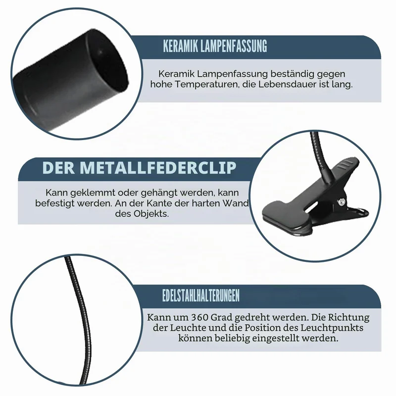 Vaileal 2 Stück Klemmleuchte: LED-Lampenfassung E27, E27 Lampenfassung mit Clip, Klemmlampe 360° Einstellbar Flexiblem Schwanenhals für Lesen Innen Beleuchtung, Bett Nachtlesen (Schwarz)