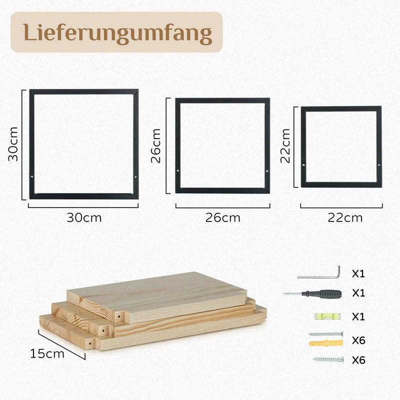 Wandregal Holz Wanddeko Wohnzimmer, 3er Set Kleines Regal Wand