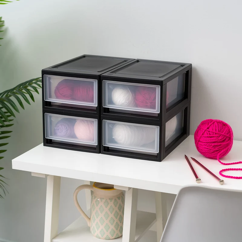 Iris Ohyama 4er-Set Schubladenbox 7L, Kompakter Kunststoff-Organizer, Stapelbar & Robust, Aufbewahrungsbox für Badezimmer, Basteln & Regale, Schwarz, MSD-1