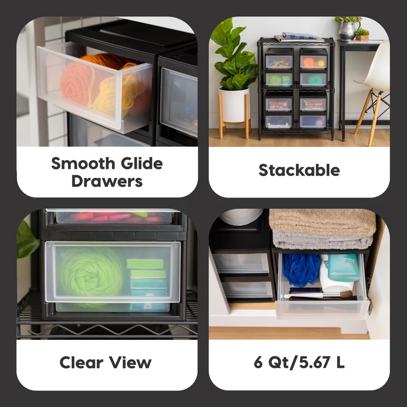 Iris Ohyama 4er-Set Schubladenbox 7L, Kompakter Kunststoff-Organizer, Stapelbar & Robust, Aufbewahrungsbox für Badezimmer, Basteln & Regale, Schwarz, MSD-1