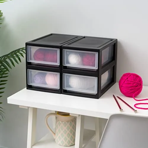 Iris Ohyama 4er-Set Schubladenbox 7L, Kompakter Kunststoff-Organizer, Stapelbar & Robust, Aufbewahrungsbox für Badezimmer, Basteln & Regale, Schwarz, MSD-1
