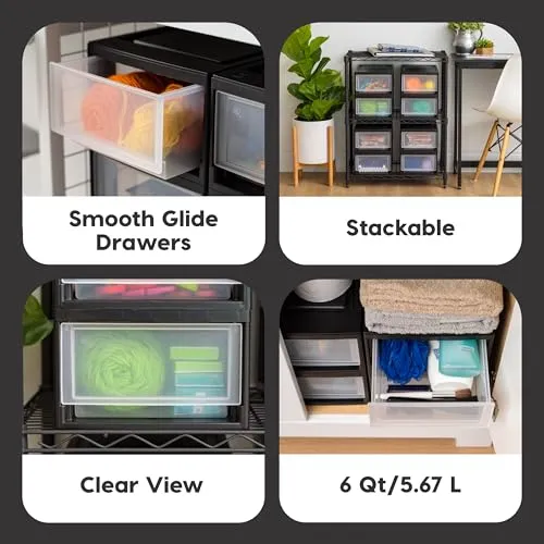 Iris Ohyama 4er-Set Schubladenbox 7L, Kompakter Kunststoff-Organizer, Stapelbar & Robust, Aufbewahrungsbox für Badezimmer, Basteln & Regale, Schwarz, MSD-1