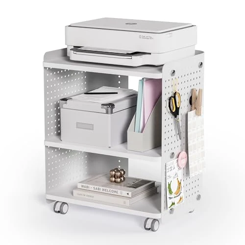 Fenge Druckertisch mit Rädern Mobiler Druckerhalter mit Pegboard 3 Ebene Druckerständer/Rollcontainer mit Organizer Regal Aktenschrank für Büro Zuhause 45,3x33,5x53,5cm (Weiß)