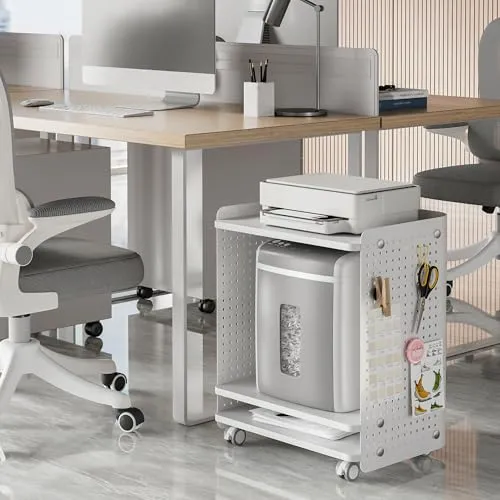 Fenge Druckertisch mit Rädern Mobiler Druckerhalter mit Pegboard 3 Ebene Druckerständer/Rollcontainer mit Organizer Regal Aktenschrank für Büro Zuhause 45,3x33,5x53,5cm (Weiß)