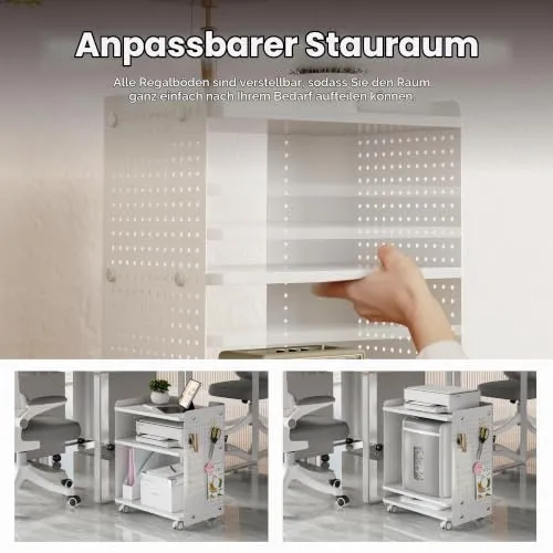 Fenge Druckertisch mit Rädern Mobiler Druckerhalter mit Pegboard 3 Ebene Druckerständer/Rollcontainer mit Organizer Regal Aktenschrank für Büro Zuhause 45,3x33,5x53,5cm (Weiß)