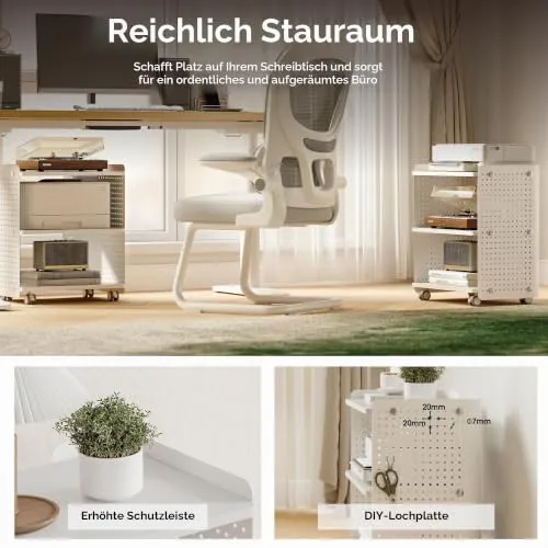 Fenge Druckertisch mit Rädern Mobiler Druckerhalter mit Pegboard 3 Ebene Druckerständer/Rollcontainer mit Organizer Regal Aktenschrank für Büro Zuhause 45,3x33,5x53,5cm (Weiß)