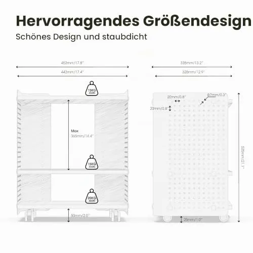 Fenge Druckertisch mit Rädern Mobiler Druckerhalter mit Pegboard 3 Ebene Druckerständer/Rollcontainer mit Organizer Regal Aktenschrank für Büro Zuhause 45,3x33,5x53,5cm (Weiß)