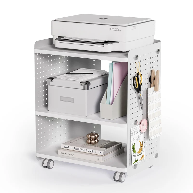Fenge Druckertisch mit Rädern Mobiler Druckerhalter mit Pegboard 3 Ebene Druckerständer/Rollcontainer mit Organizer Regal Aktenschrank für Büro Zuhause 45,3x33,5x53,5cm (Weiß)