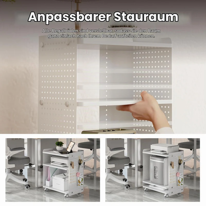Fenge Druckertisch mit Rädern Mobiler Druckerhalter mit Pegboard 3 Ebene Druckerständer/Rollcontainer mit Organizer Regal Aktenschrank für Büro Zuhause 45,3x33,5x53,5cm (Weiß)