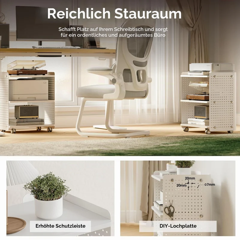 Fenge Druckertisch mit Rädern Mobiler Druckerhalter mit Pegboard 3 Ebene Druckerständer/Rollcontainer mit Organizer Regal Aktenschrank für Büro Zuhause 45,3x33,5x53,5cm (Weiß)