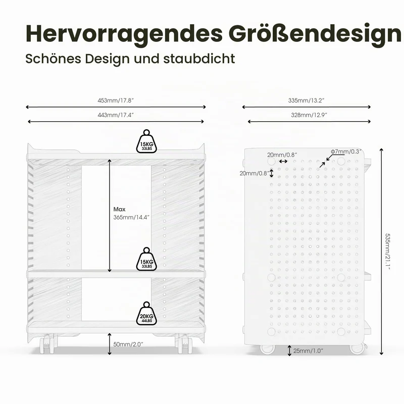 Fenge Druckertisch mit Rädern Mobiler Druckerhalter mit Pegboard 3 Ebene Druckerständer/Rollcontainer mit Organizer Regal Aktenschrank für Büro Zuhause 45,3x33,5x53,5cm (Weiß)
