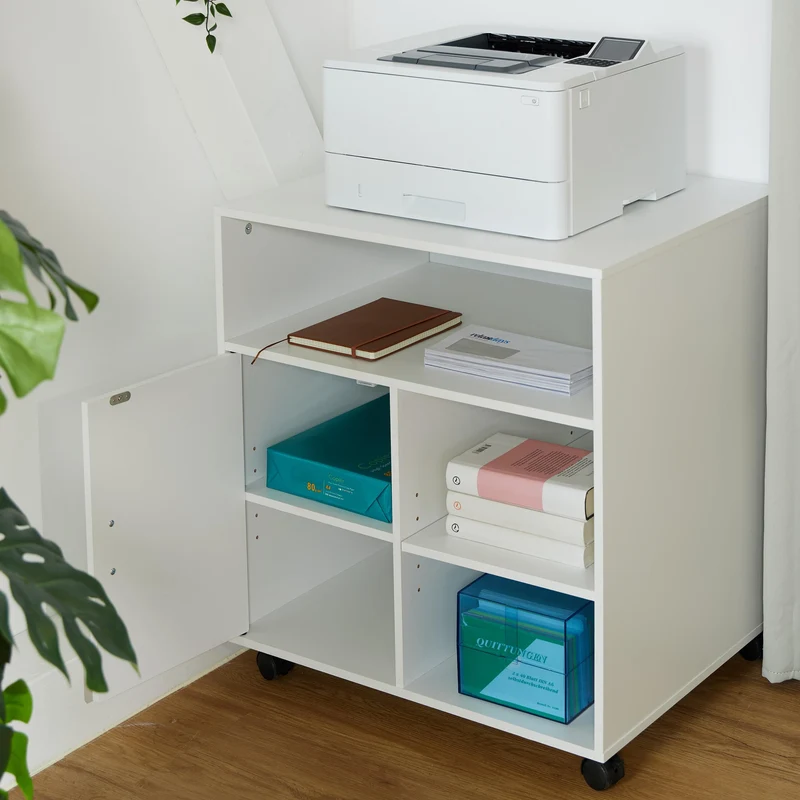 Relaxdays Rollcontainer mit 5 Fächern & Tür, Büro Beistellcontainer, mit Rollen, Büroschrank, HBT: 66,5x60x50 cm, weiß