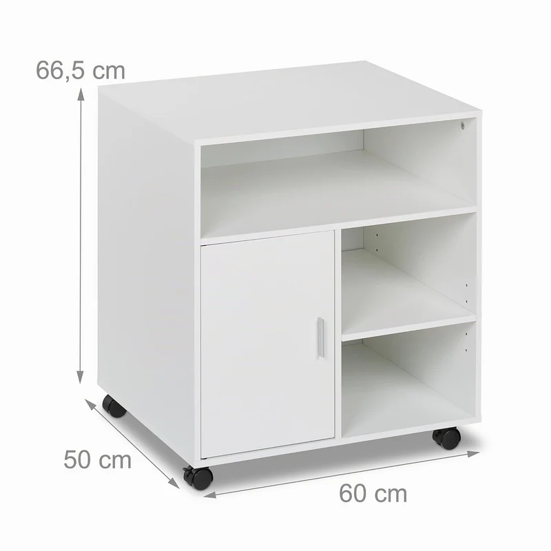 Relaxdays Rollcontainer mit 5 Fächern & Tür, Büro Beistellcontainer, mit Rollen, Büroschrank, HBT: 66,5x60x50 cm, weiß