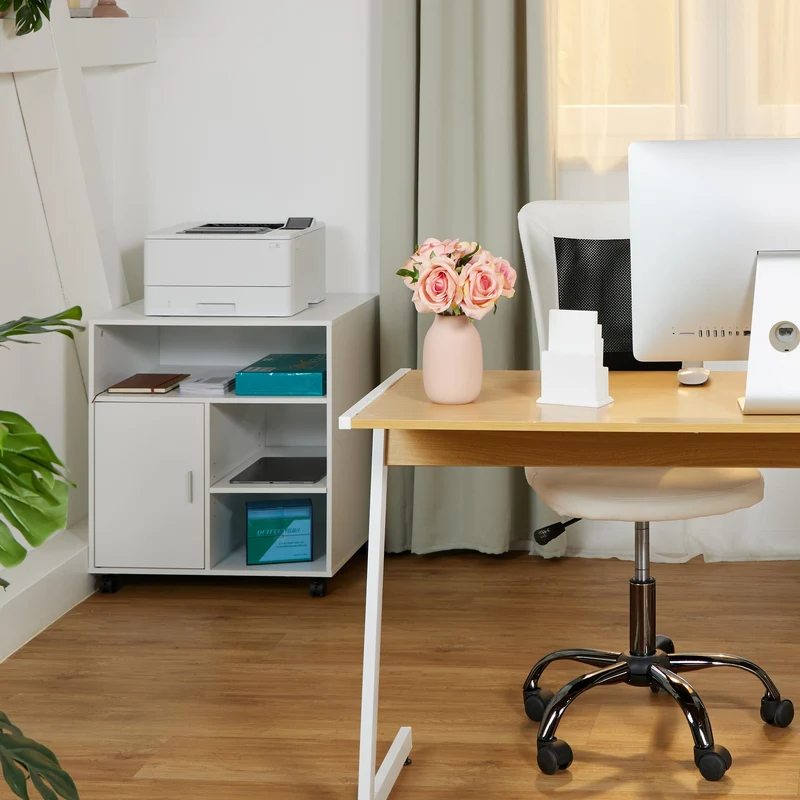 Relaxdays Rollcontainer mit 5 Fächern & Tür, Büro Beistellcontainer, mit Rollen, Büroschrank, HBT: 66,5x60x50 cm, weiß