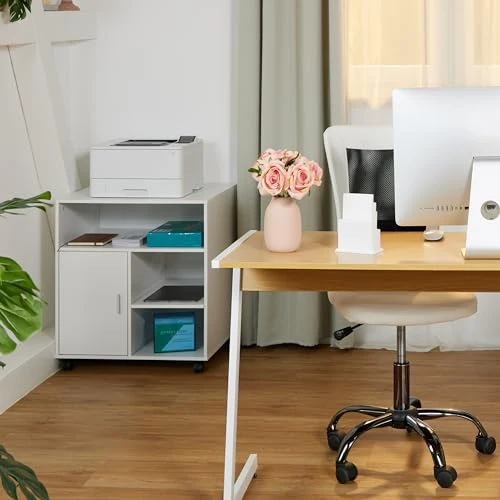 Relaxdays Rollcontainer mit 5 Fächern & Tür, Büro Beistellcontainer, mit Rollen, Büroschrank, HBT: 66,5x60x50 cm, weiß
