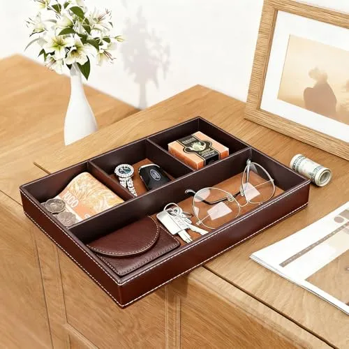 Tablett Organizer Ablage, Ablage Tablett, Taschenleerer Organizer,Schlüsselablage, Leder Aufbewahrungsbox, Nachttisch,Schmuck für Schlüssel, Schreibwaren,Schmuck, Braun