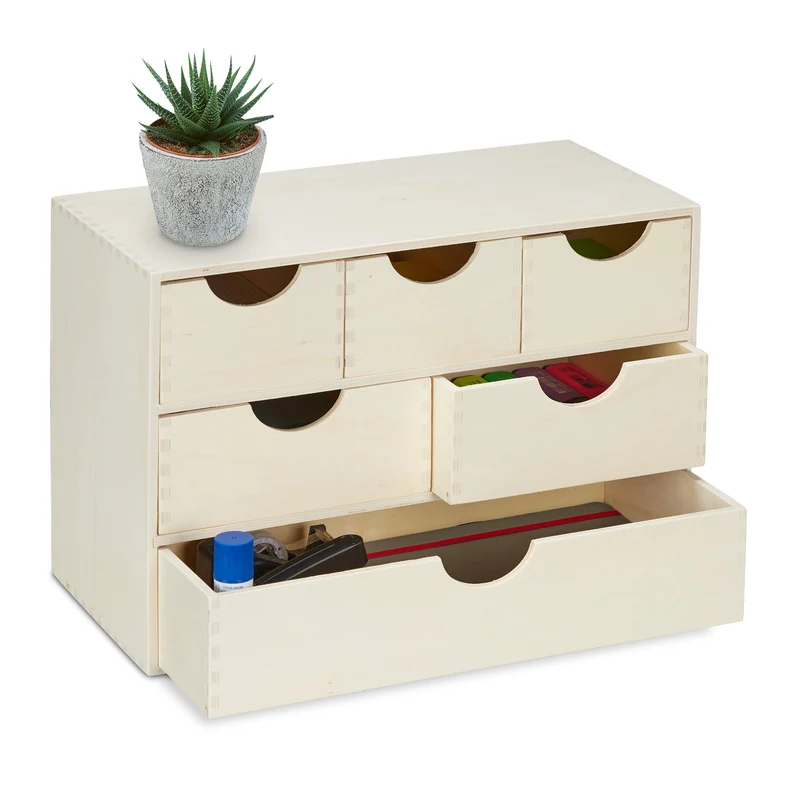 Relaxdays Schubladenbox Holz, HBT: 28 x 40 x 20 cm, Kleinutensilien Aufbewahrung, zum selbst Gestalten, 6 Fächer, natur, 1 Stück