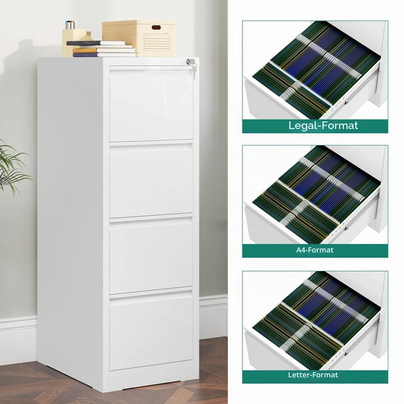 YITAHOME Aktenschrank mit 4 Abschließbaren Schubladen, Kippsicherer Rollender Aktenschrank mit Rädern für das Büro zu Hause, Unter-Pult-Aktenschränke, weiß, 62 x 45.8 x 133cm