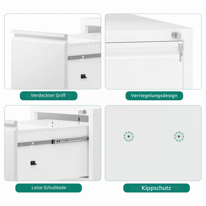 YITAHOME Aktenschrank mit 4 Abschließbaren Schubladen, Kippsicherer Rollender Aktenschrank mit Rädern für das Büro zu Hause, Unter-Pult-Aktenschränke, weiß, 62 x 45.8 x 133cm