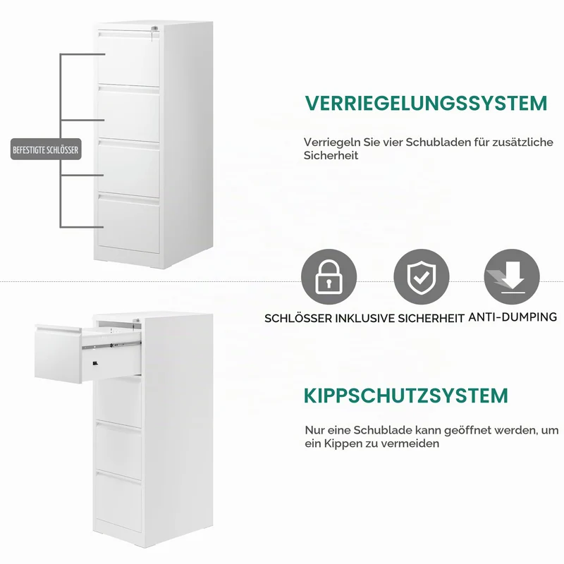 YITAHOME Aktenschrank mit 4 Abschließbaren Schubladen, Kippsicherer Rollender Aktenschrank mit Rädern für das Büro zu Hause, Unter-Pult-Aktenschränke, weiß, 62 x 45.8 x 133cm