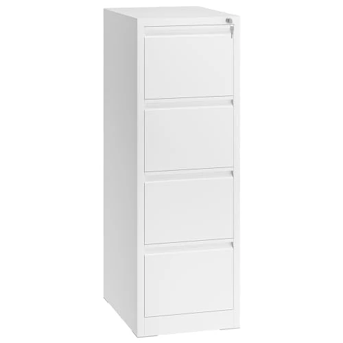 YITAHOME Aktenschrank mit 4 Abschließbaren Schubladen, Kippsicherer Rollender Aktenschrank mit Rädern für das Büro zu Hause, Unter-Pult-Aktenschränke, weiß, 62 x 45.8 x 133cm