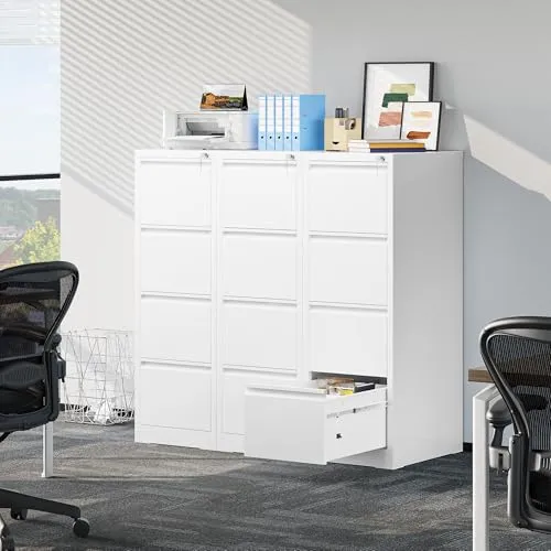 YITAHOME Aktenschrank mit 4 Abschließbaren Schubladen, Kippsicherer Rollender Aktenschrank mit Rädern für das Büro zu Hause, Unter-Pult-Aktenschränke, weiß, 62 x 45.8 x 133cm