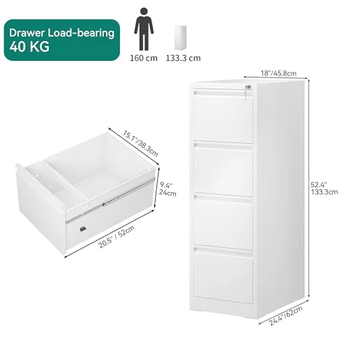 YITAHOME Aktenschrank mit 4 Abschließbaren Schubladen, Kippsicherer Rollender Aktenschrank mit Rädern für das Büro zu Hause, Unter-Pult-Aktenschränke, weiß, 62 x 45.8 x 133cm