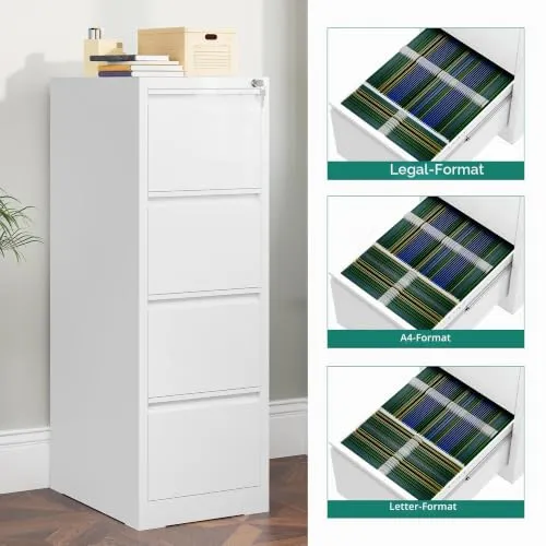 YITAHOME Aktenschrank mit 4 Abschließbaren Schubladen, Kippsicherer Rollender Aktenschrank mit Rädern für das Büro zu Hause, Unter-Pult-Aktenschränke, weiß, 62 x 45.8 x 133cm