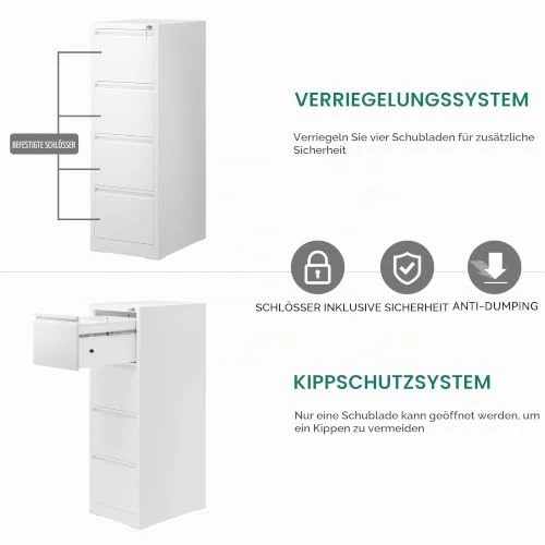 YITAHOME Aktenschrank mit 4 Abschließbaren Schubladen, Kippsicherer Rollender Aktenschrank mit Rädern für das Büro zu Hause, Unter-Pult-Aktenschränke, weiß, 62 x 45.8 x 133cm