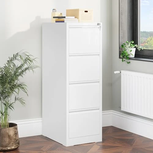 YITAHOME Aktenschrank mit 4 Abschließbaren Schubladen, Kippsicherer Rollender Aktenschrank mit Rädern für das Büro zu Hause, Unter-Pult-Aktenschränke, weiß, 62 x 45.8 x 133cm