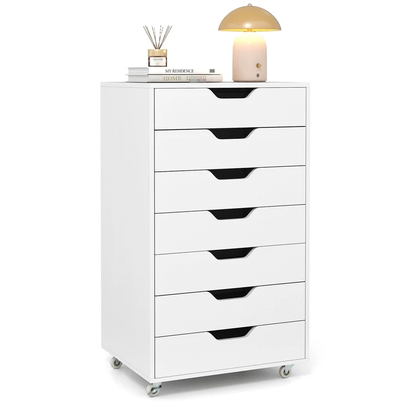 COSTWAY Rollcontainer mit 7 Schubladen, mobiler Aktenschrank mit Rädern, Bürocontainer Schubladenschrank Rollschrank Rollwagen, Schubladenkommode für Zuhause Büro (Weiß)