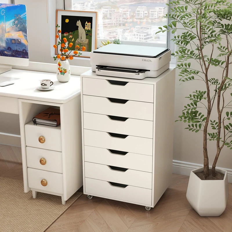 COSTWAY Rollcontainer mit 7 Schubladen, mobiler Aktenschrank mit Rädern, Bürocontainer Schubladenschrank Rollschrank Rollwagen, Schubladenkommode für Zuhause Büro (Weiß)